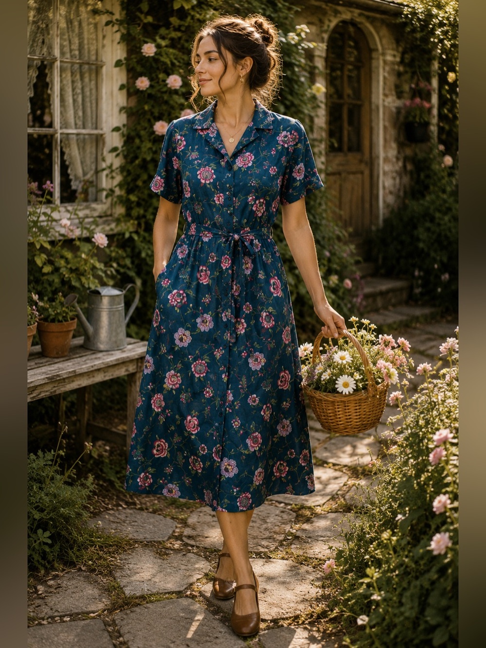 Vintage Teal Floral Cottagecore Midi Dress Belted Pockets Size 16 USA Teacher